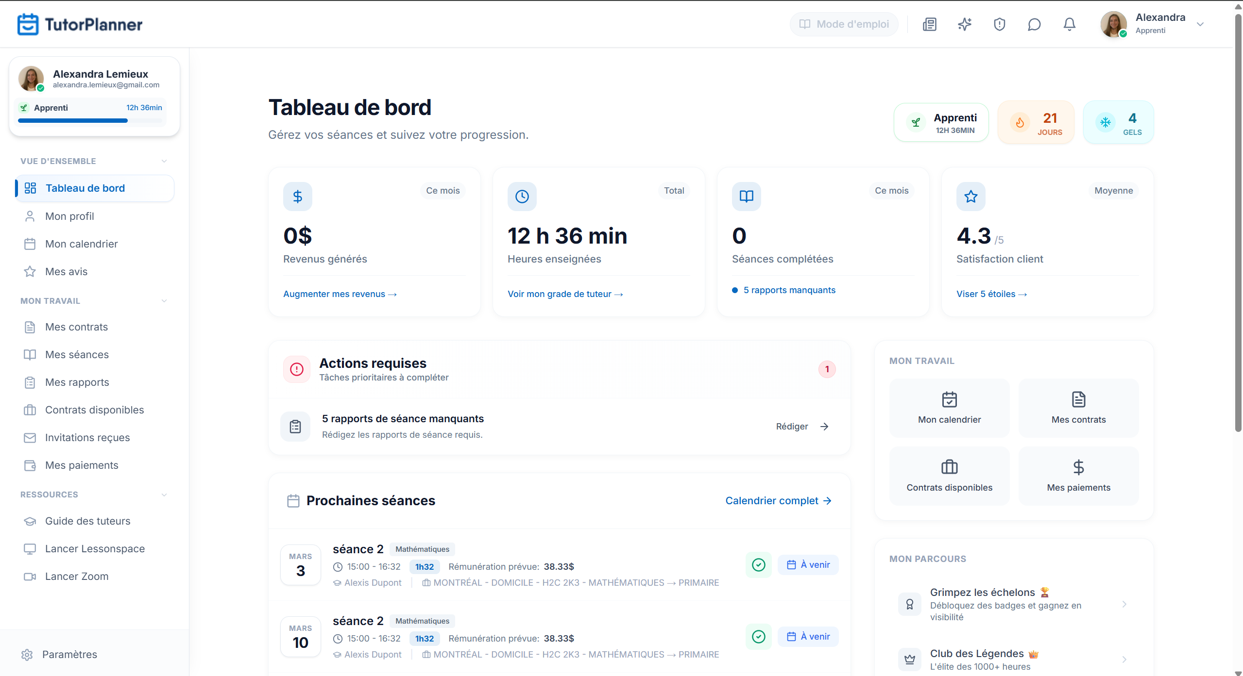 TutorPlanner Interface - Dashboard